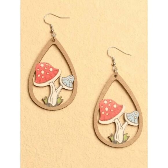 Wooden Mushroom Drop Dangle Earrings - Picture 6 of 6